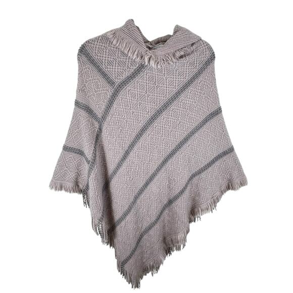 Arianna By Howard's Lightweight Pink Gray Knit Striped Hooded Fringe Poncho OS - Picture 1 of 6